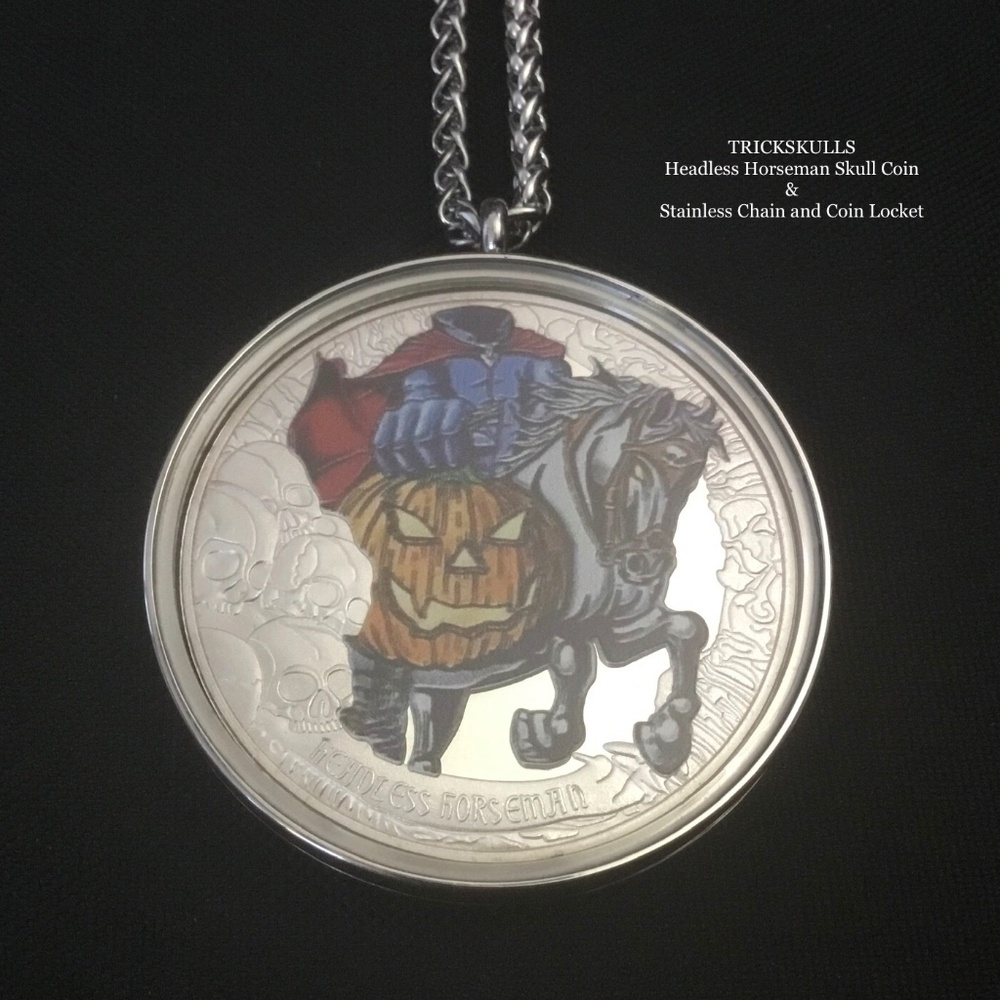 Headless Horseman Pumpkin Enamel Coin + Stainless Locket Custom Wheat Link Chain